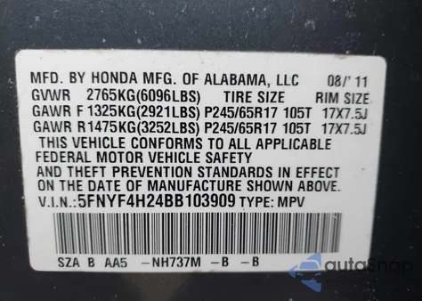 2011 Honda Pilot Lx from USA, damaged, VIN 5FNYF4H24BB103909